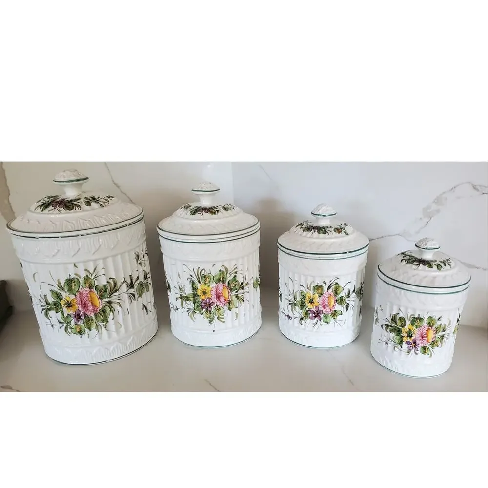 Vintage Mid-Century Set of 4 Italian Floral Ribbed Canister Set with Lids